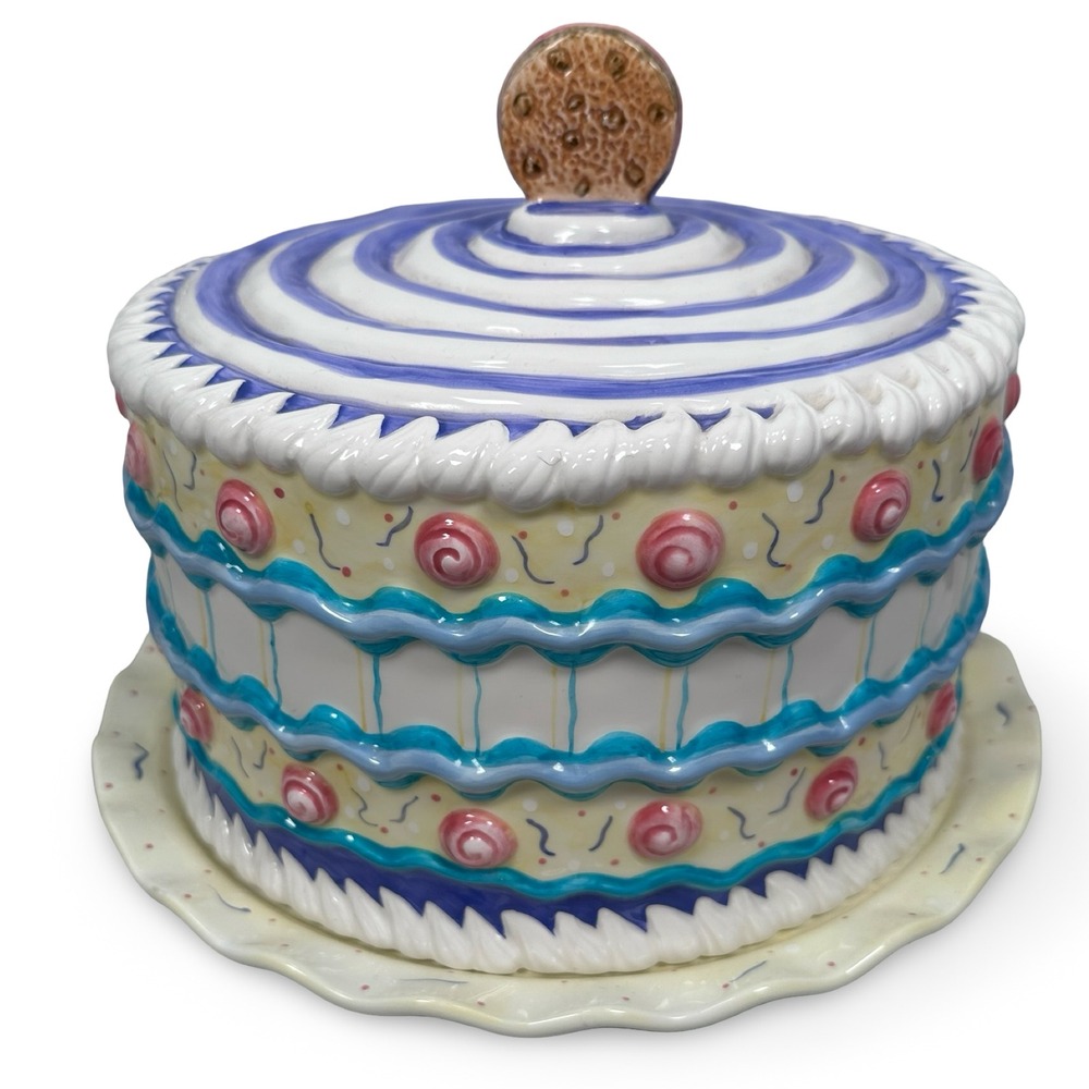 Cardinal Inc Hand Painted Ceramic Cake Dome Platter Set Multicolor Birthday Cake